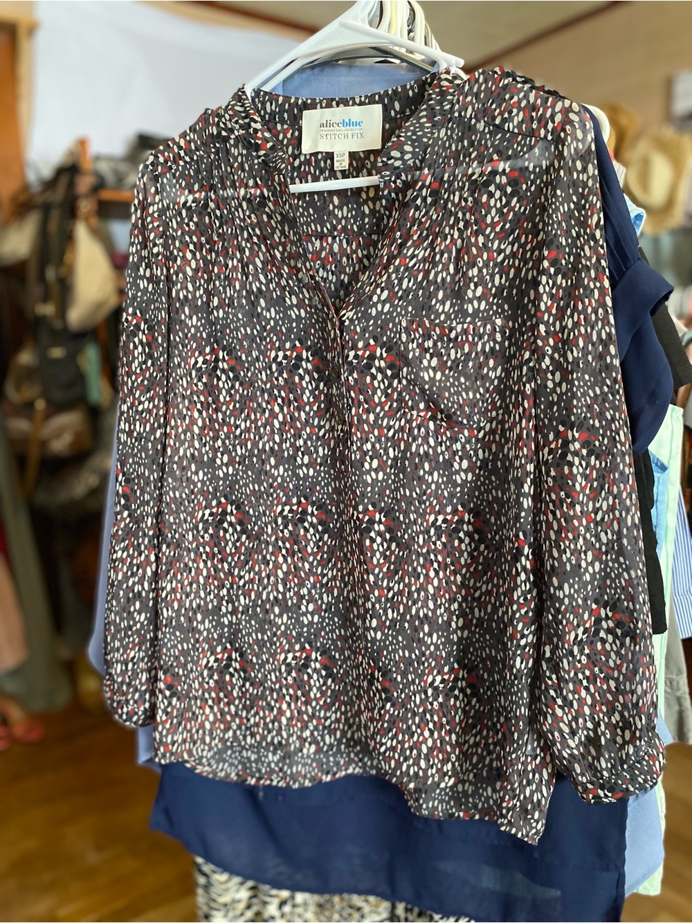 Alice Blue Black Print Button-Down Blouse with Red & Cream Accents